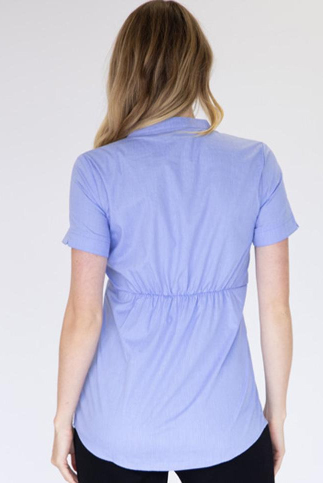 Back view - Short Sleeve Maternity & Nursing Blouse Work Top - Blue (6680496701534)