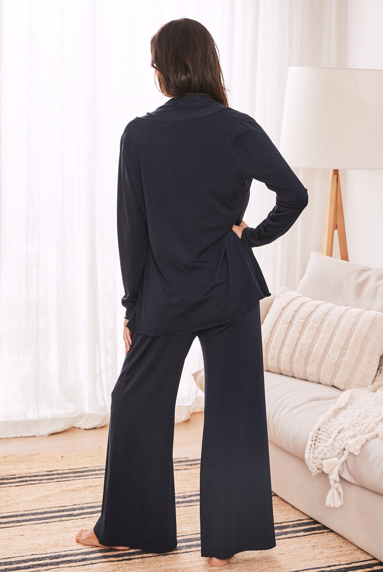 Back view- maternity wide leg bamboo pants navy