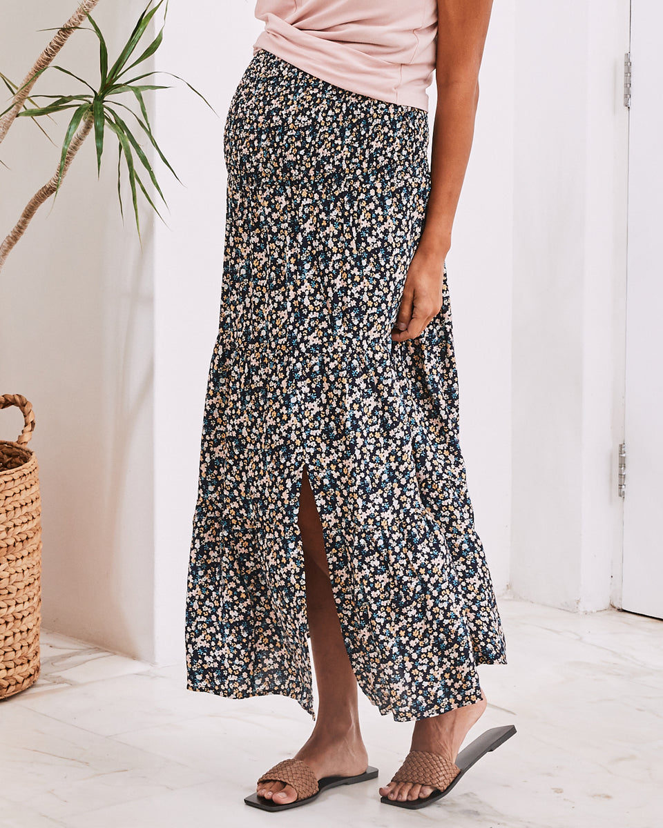 Maternity Long Shirred Floral Maxi 2-in-1 Skirt in Navy – Angel
