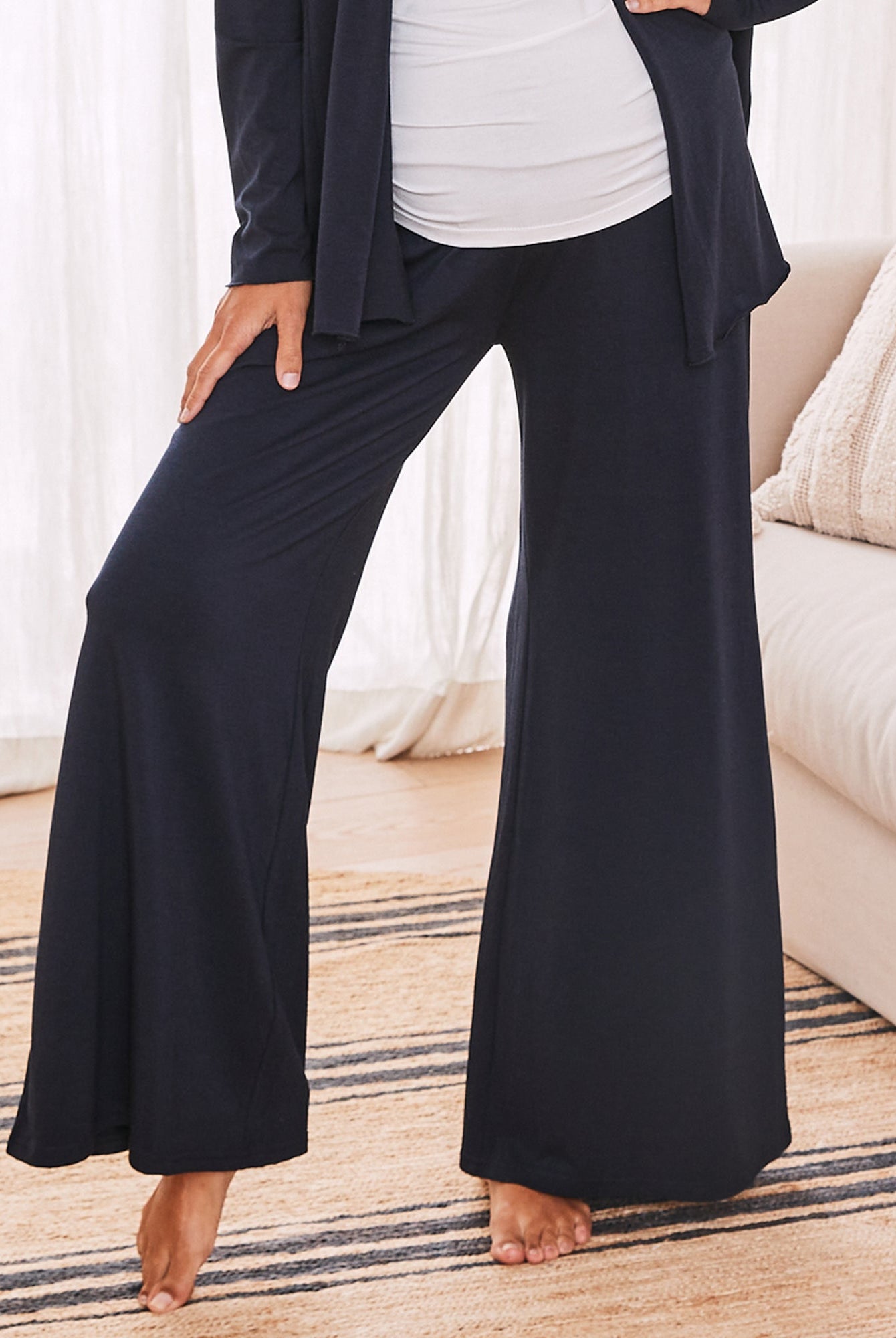 front view- maternity wide leg bamboo pants navy
