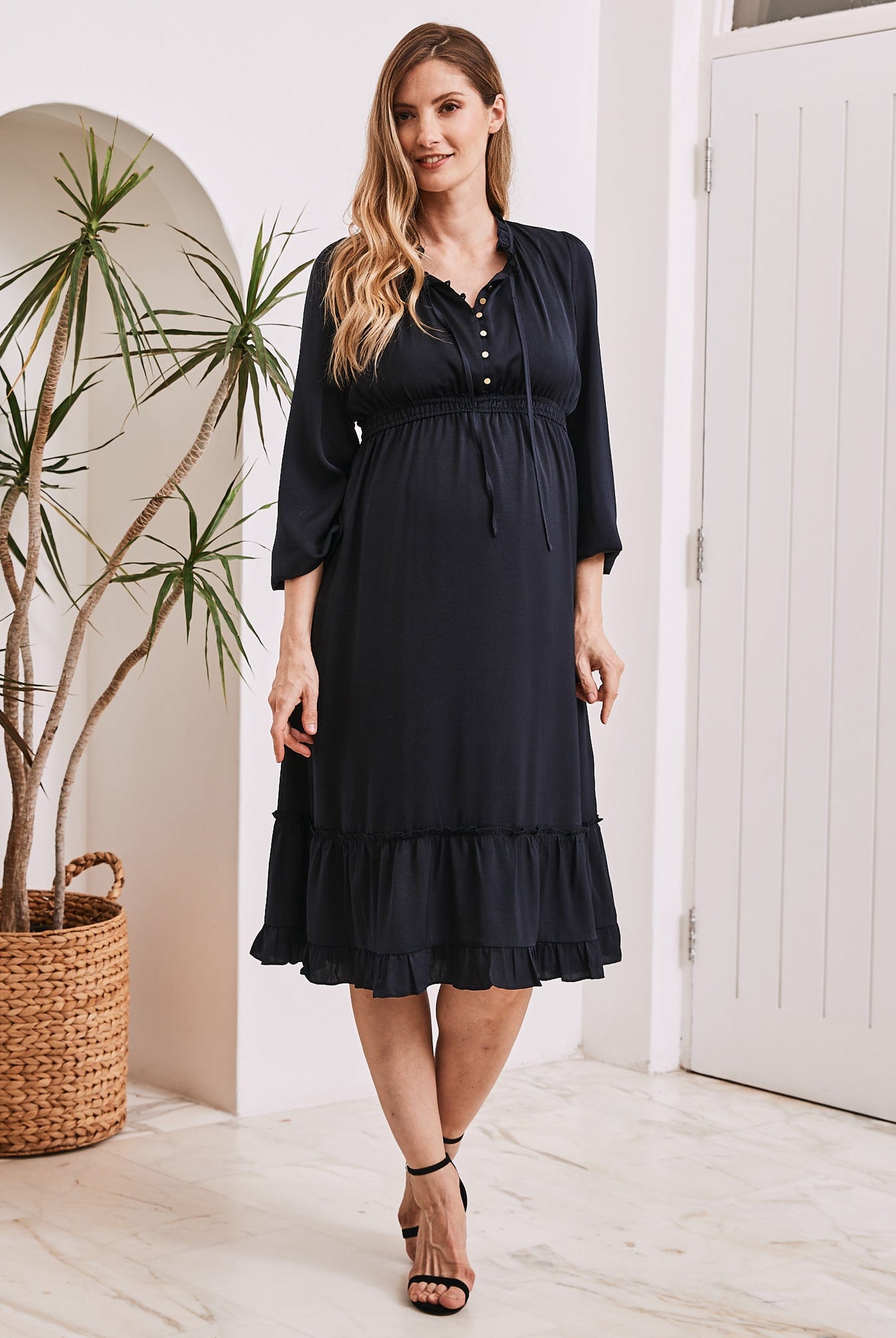 Stelle Baby Shower Button Front Dress in Navy - Angel Maternity USA