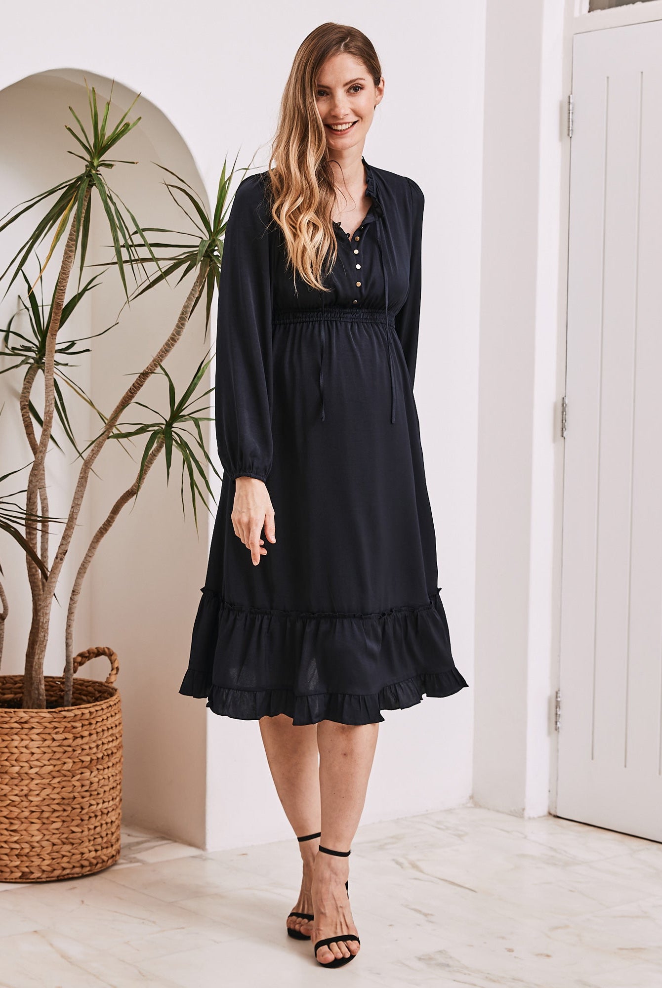 Stelle Baby Shower Button Front Dress in Navy - Angel Maternity USA
