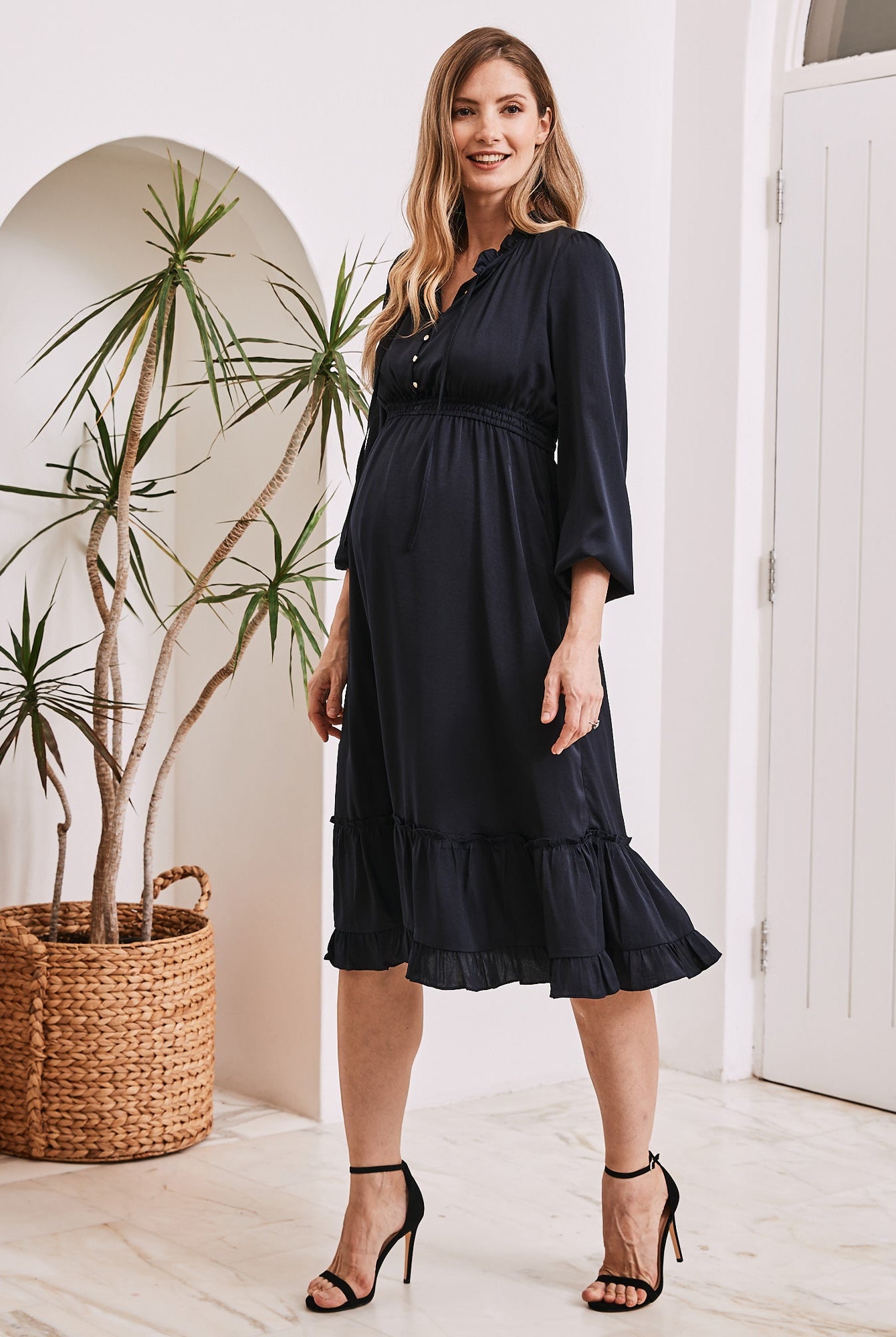 Stelle Baby Shower Button Front Dress in Navy - Angel Maternity USA