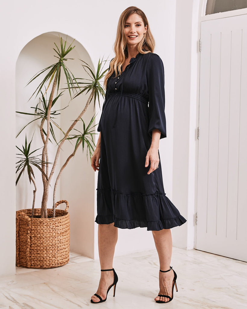 Stelle Baby Shower Button Front Dress in Navy - Angel Maternity USA