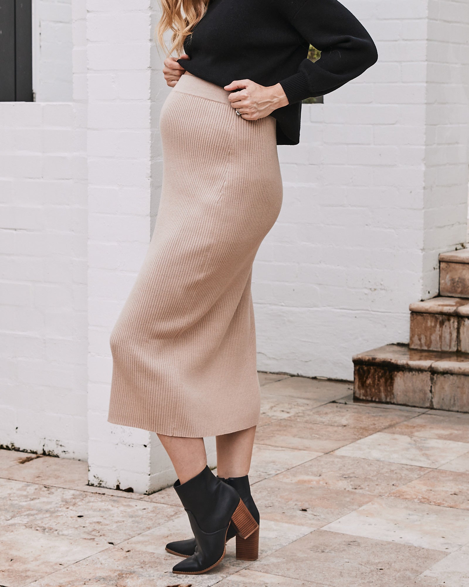 Betina Wool Blend Knit Maternity Side Split Skirt - Beige - Angel Maternity USA