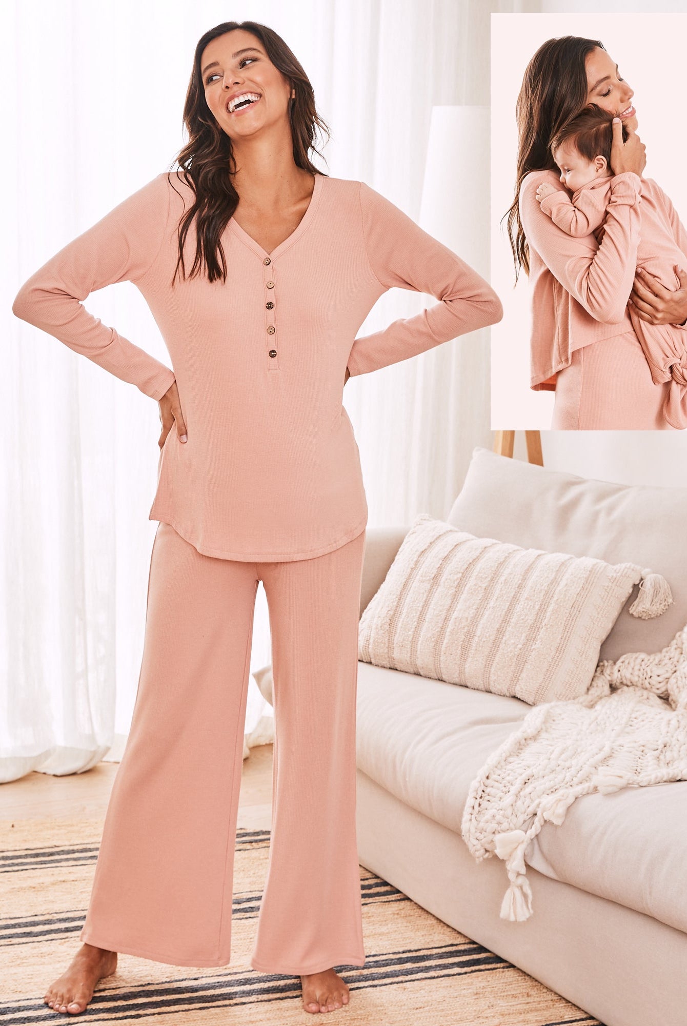 Main View - 3-Piece Isabelle Maternity Loungewear/ Sleepwear Set in Dusty Pink from Angel maternity