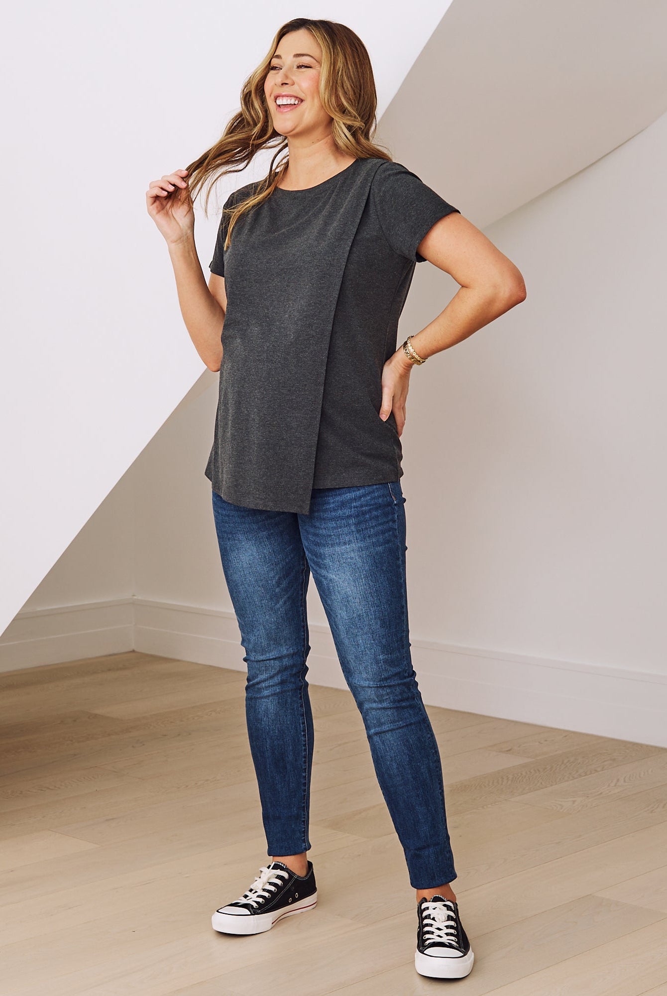 side View - maternity and nursing crew neck top in pink