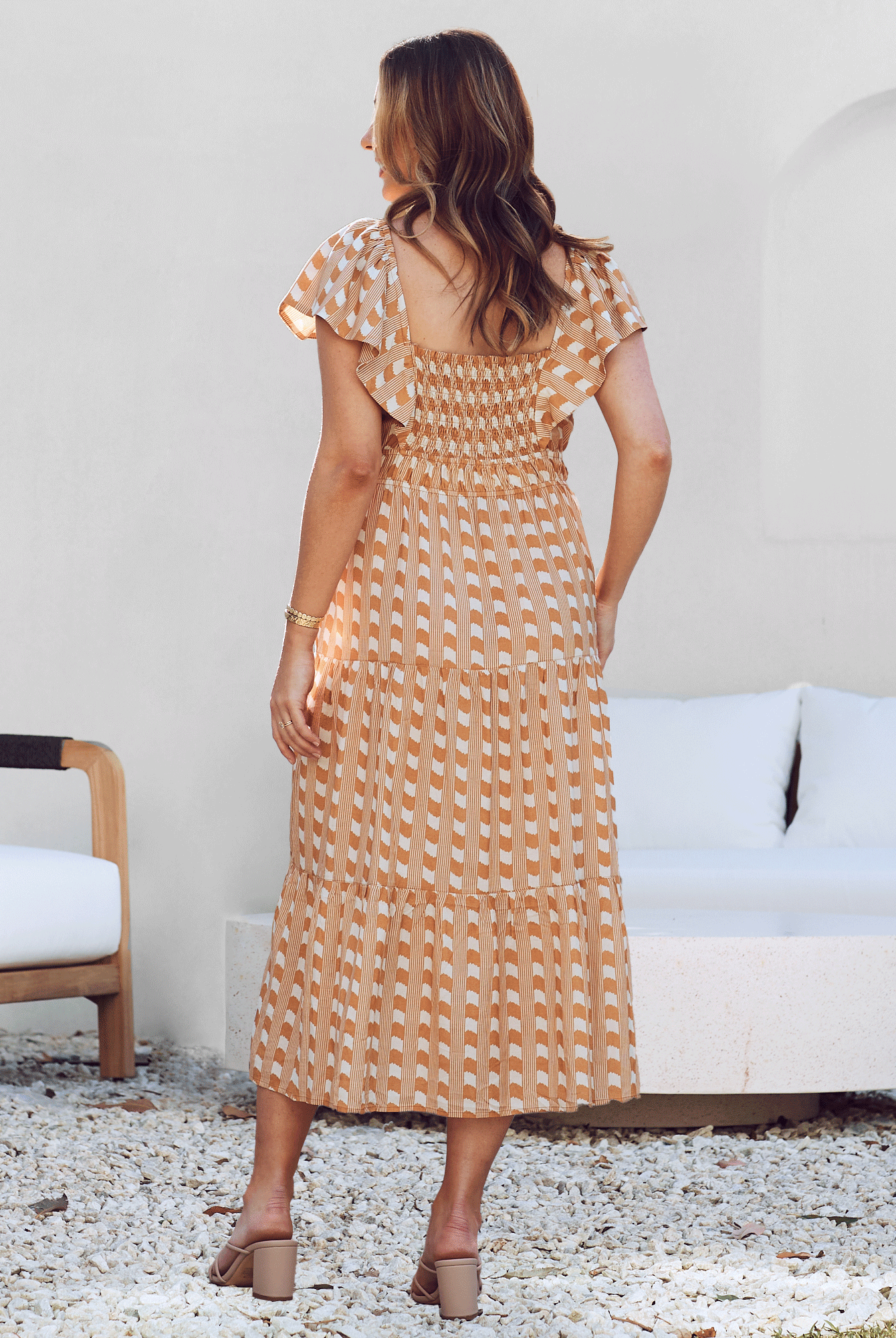 Back view - Maternity ruffled baby shower dress gingham camel