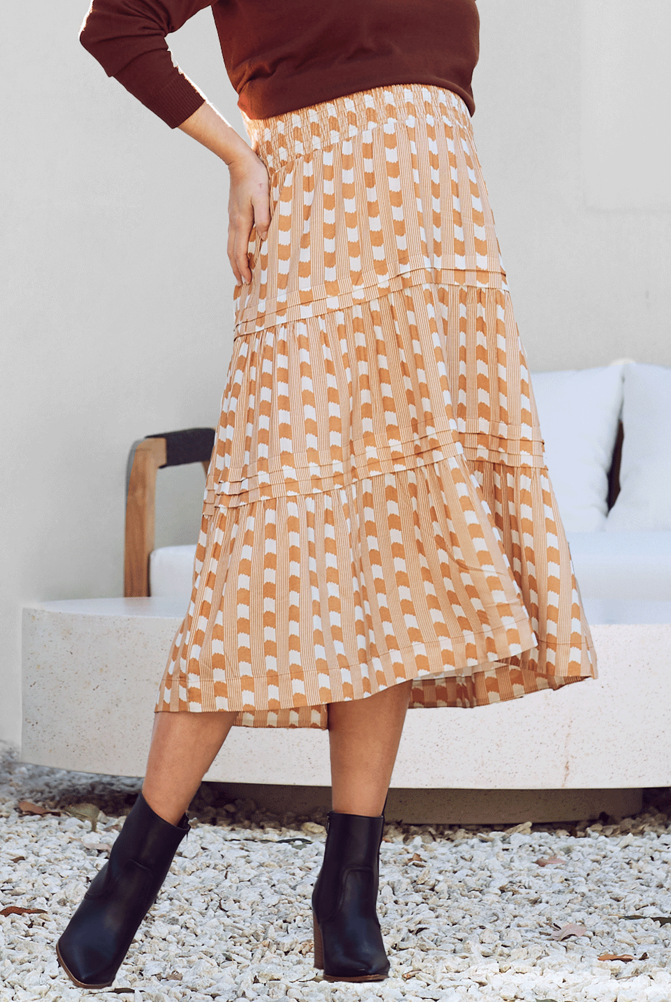 Tracy Maternity Ruffled Midi Skirt in Sandstone Stripe from Angel Maternity Australia