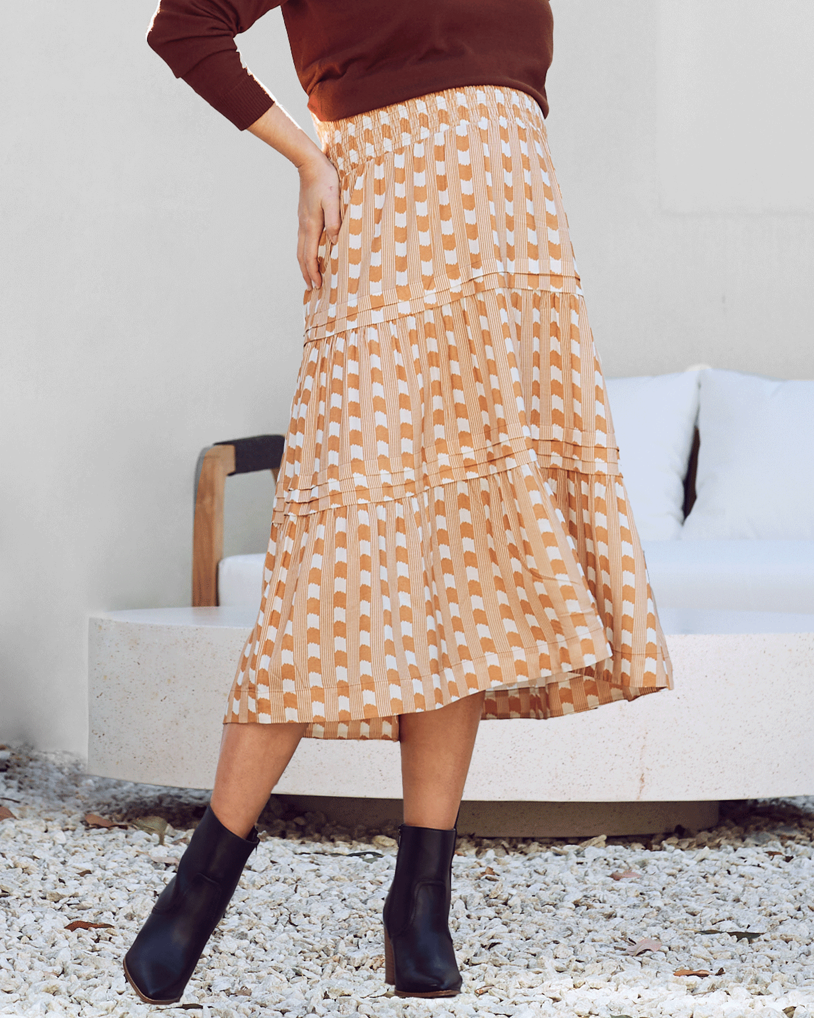 Tracy Maternity Ruffled Midi Skirt in Sandstone Stripe from Angel Maternity Australia