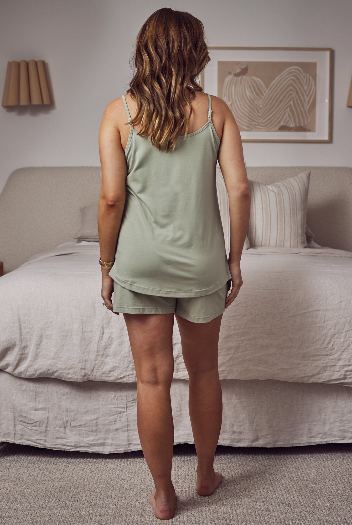 back view- maternity & nursing loungewear PJ pale sage