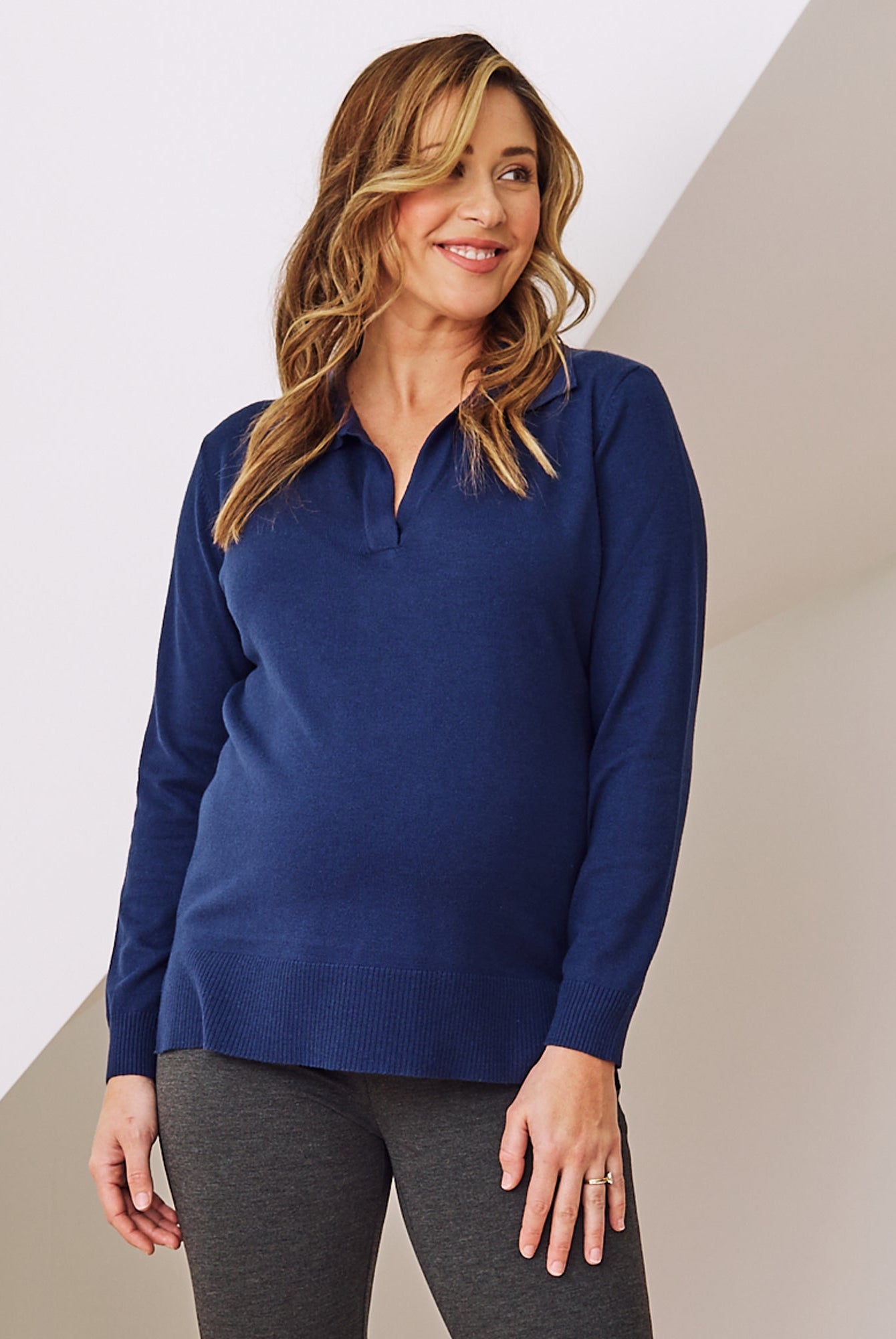 Maternity nursing polo knit navy main view