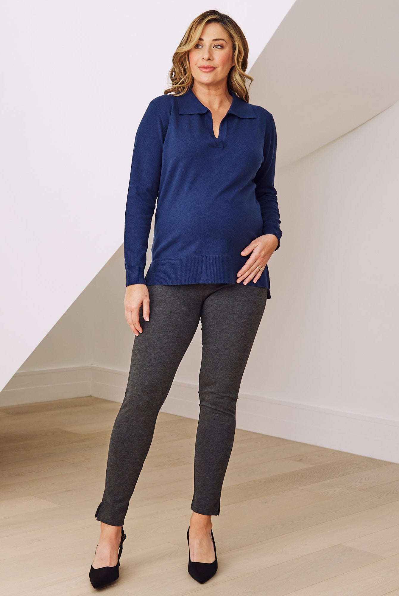 Maternity nursing polo knit navy back view