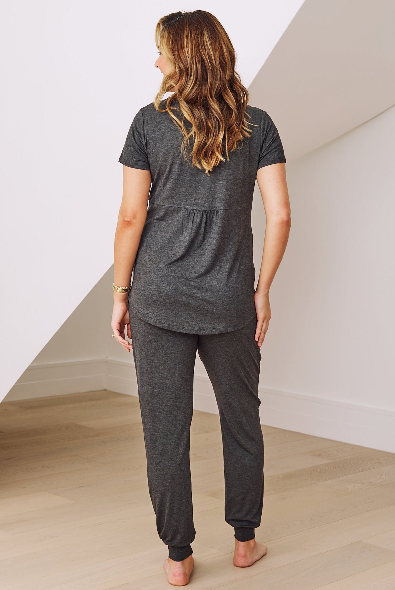 Back view - Maternity v neck loungewear pj set charcoal