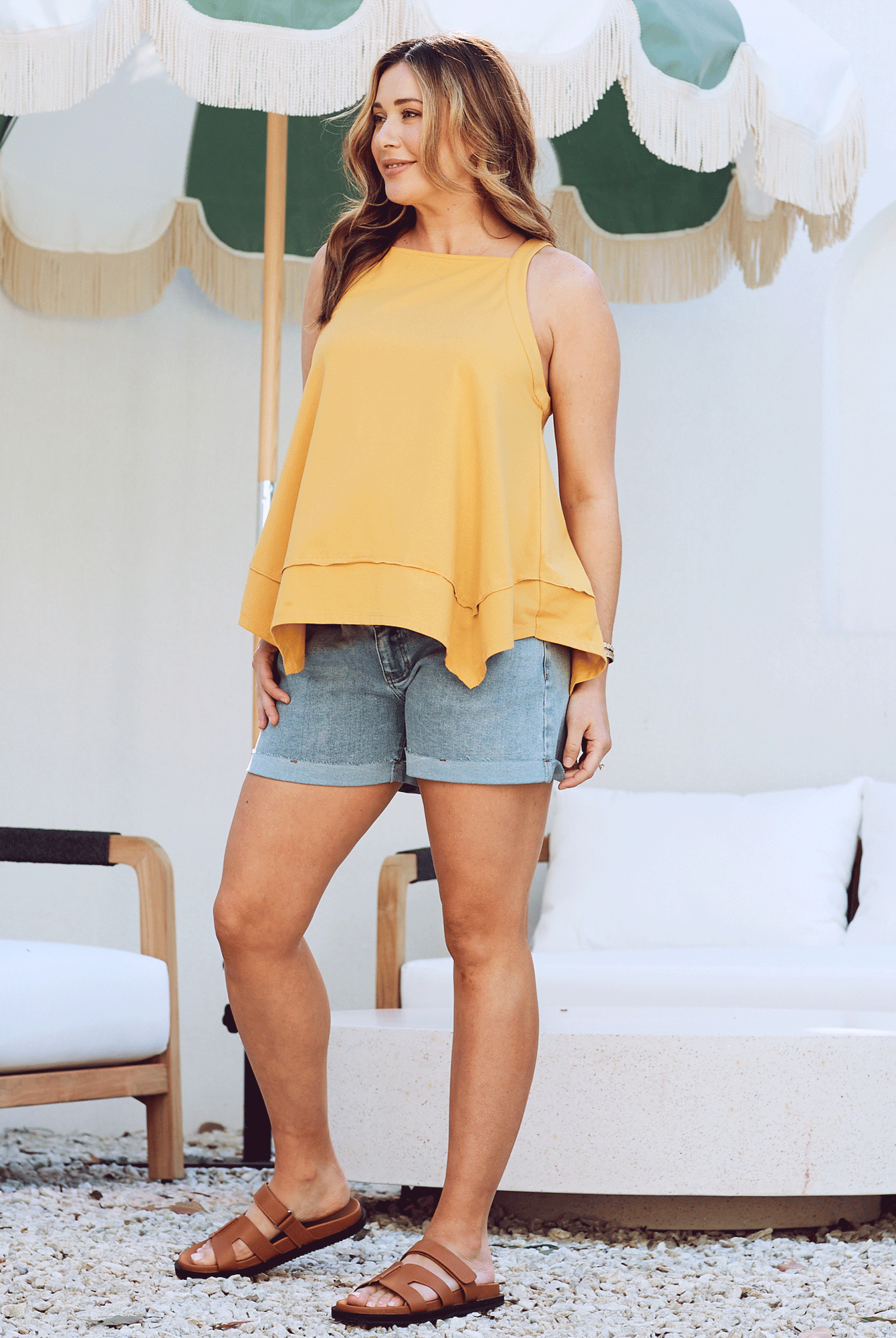 Side view- maternity asymmetric cotton tank top mustard