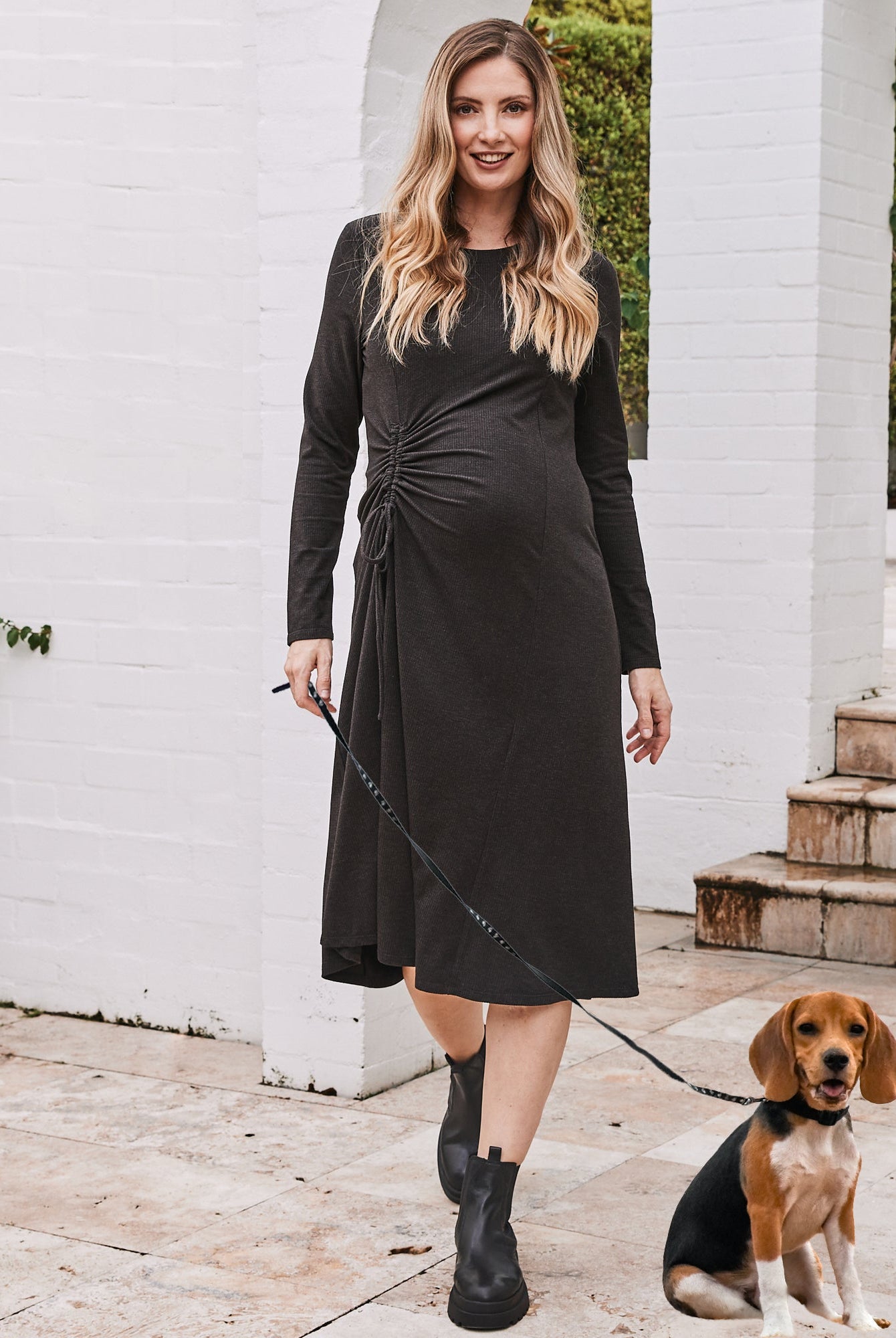 Eloise Maternity Waffle Knit Dress in Charcoal - Angel Maternity USA