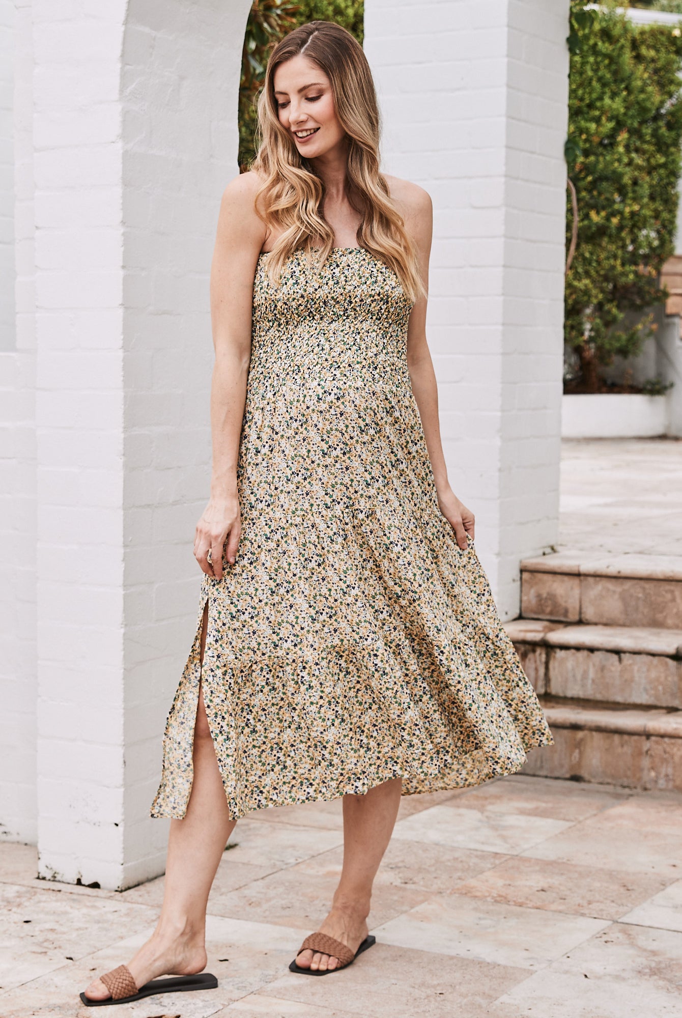 Ellie Maternity 2-in-1 Shirred Maxi Skirt in Green Flora - Angel Maternity USA