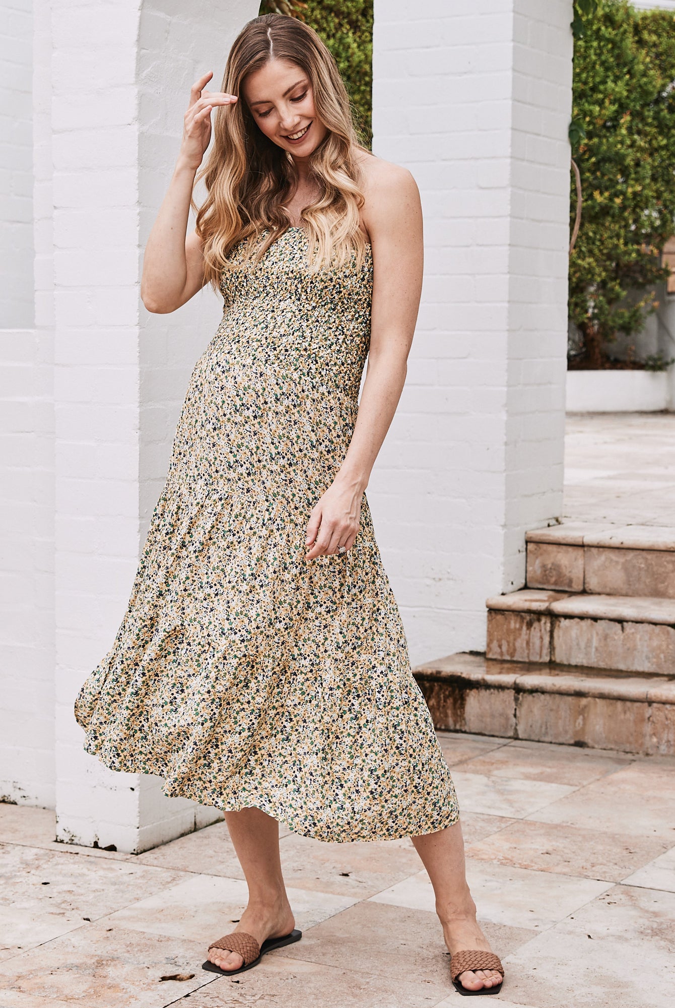 Ellie Maternity 2-in-1 Shirred Maxi Skirt in Green Flora - Angel Maternity USA