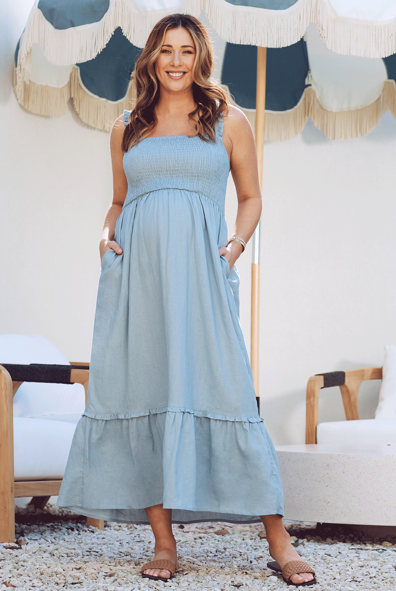 front view - Maternity shirred dress in light blue