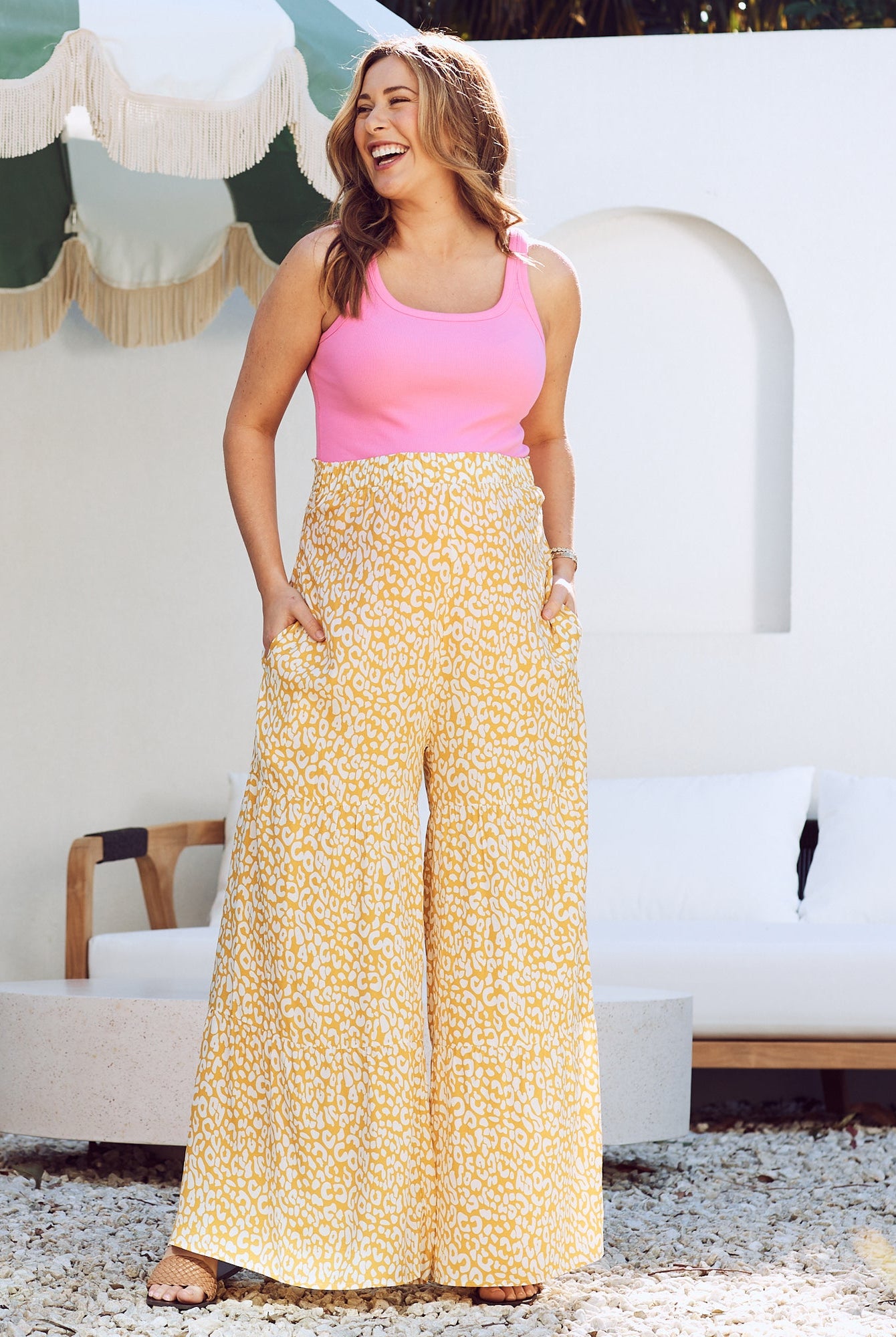 maternity wide leg pants in mustard print