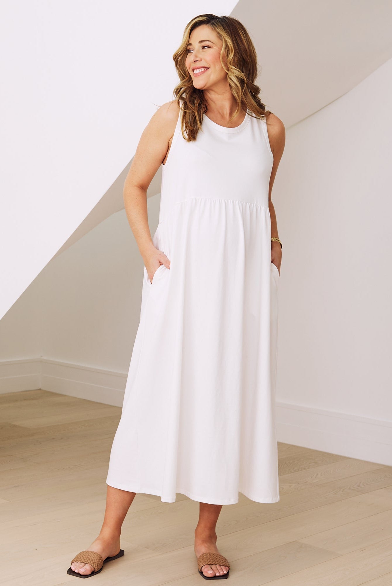 Front view- maternity relaxed fit cotton dress in white
