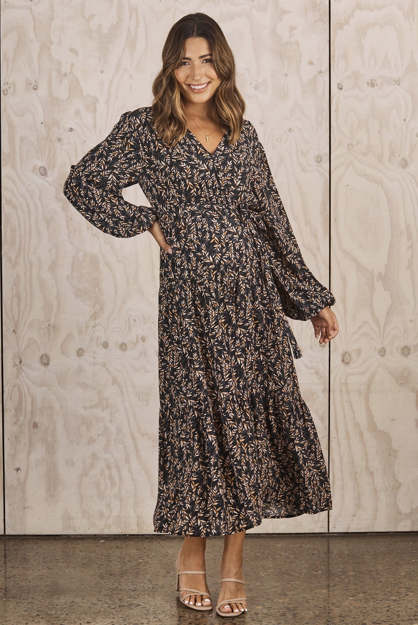 Front view- maternity baby shower dress floral navy