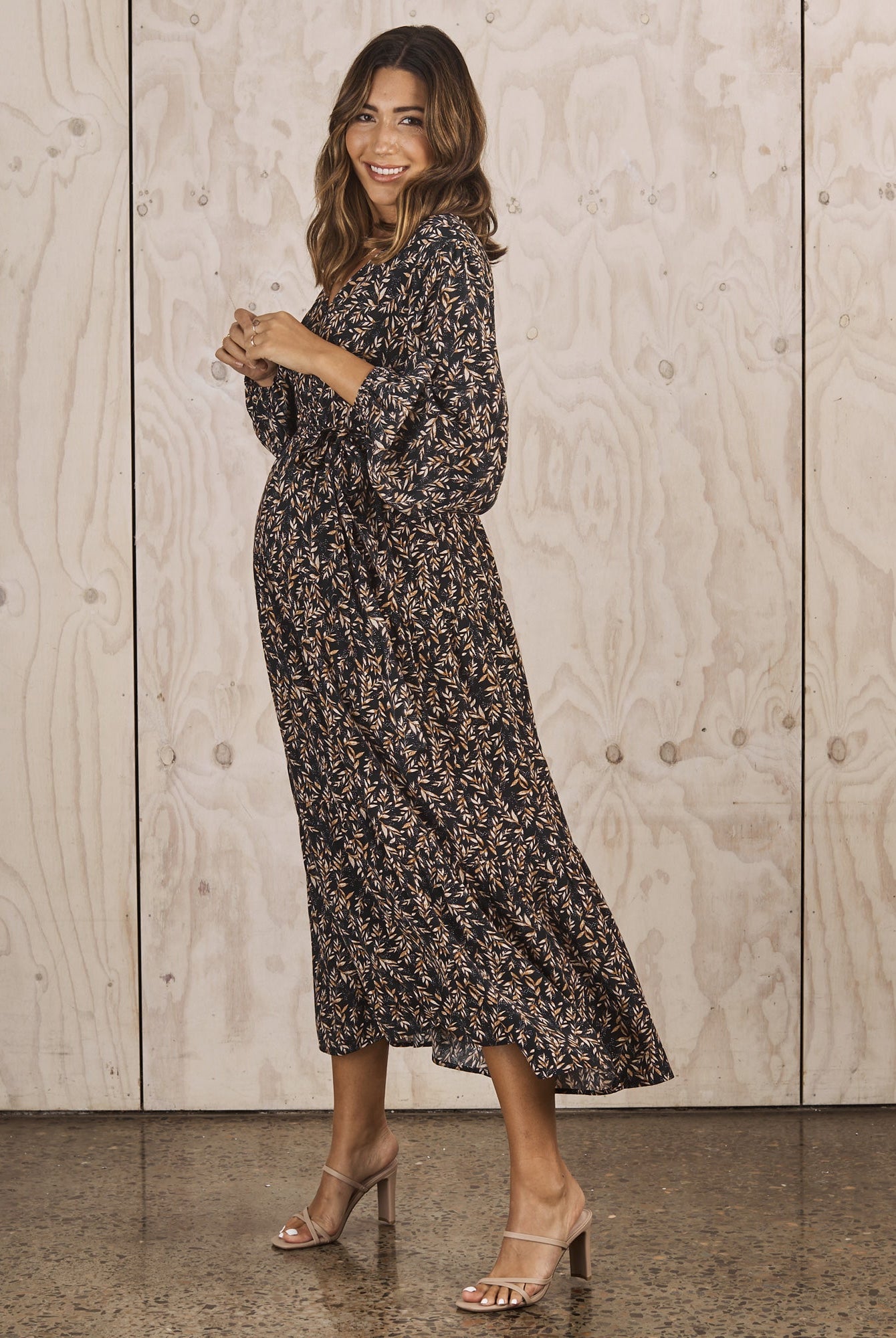 Side view- maternity baby shower dress floral navy