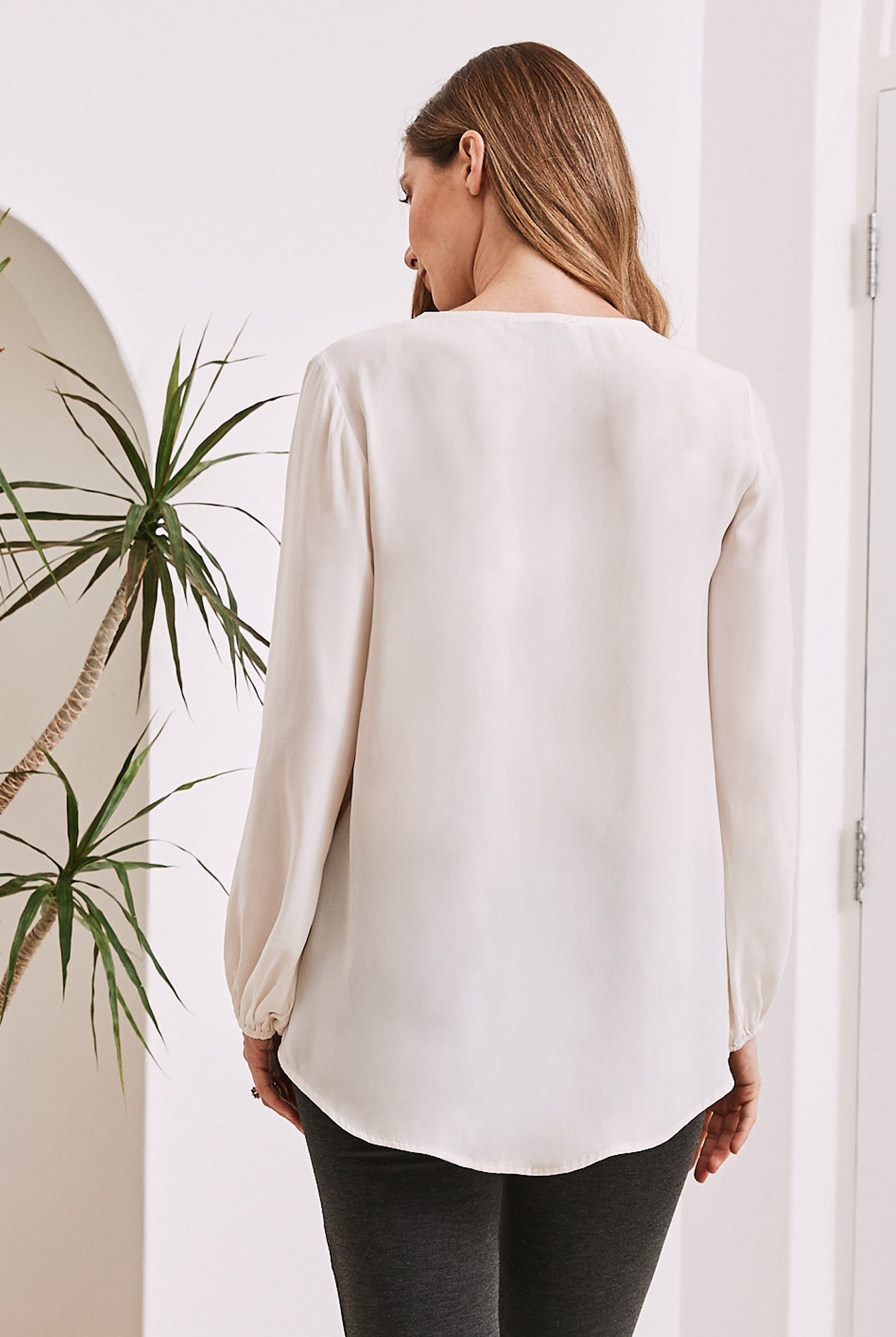Back View - Maternity v neck long sleeve top off white