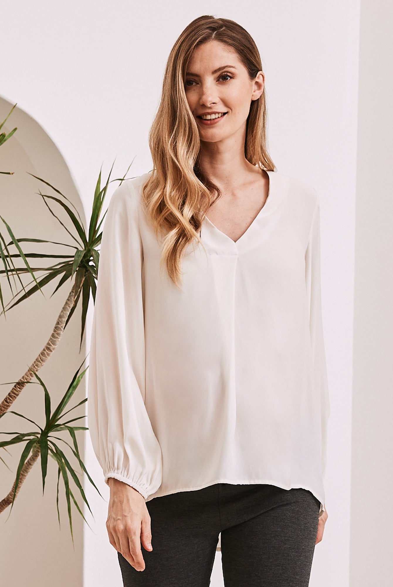 Front View - Maternity v neck long sleeve top off white
