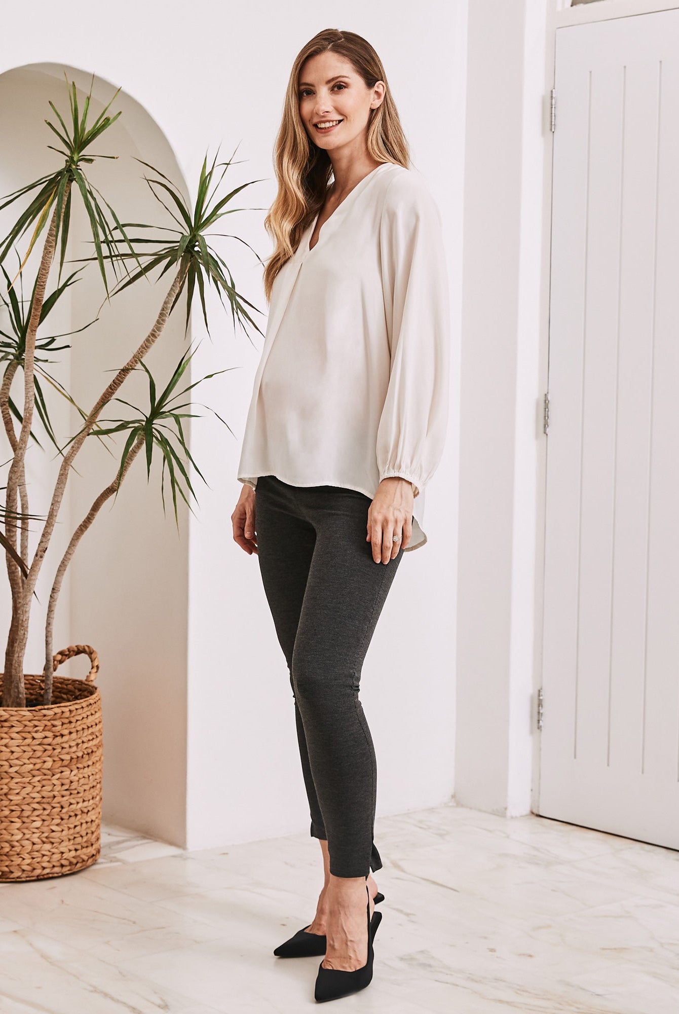 Side View - Maternity v neck long sleeve top off white