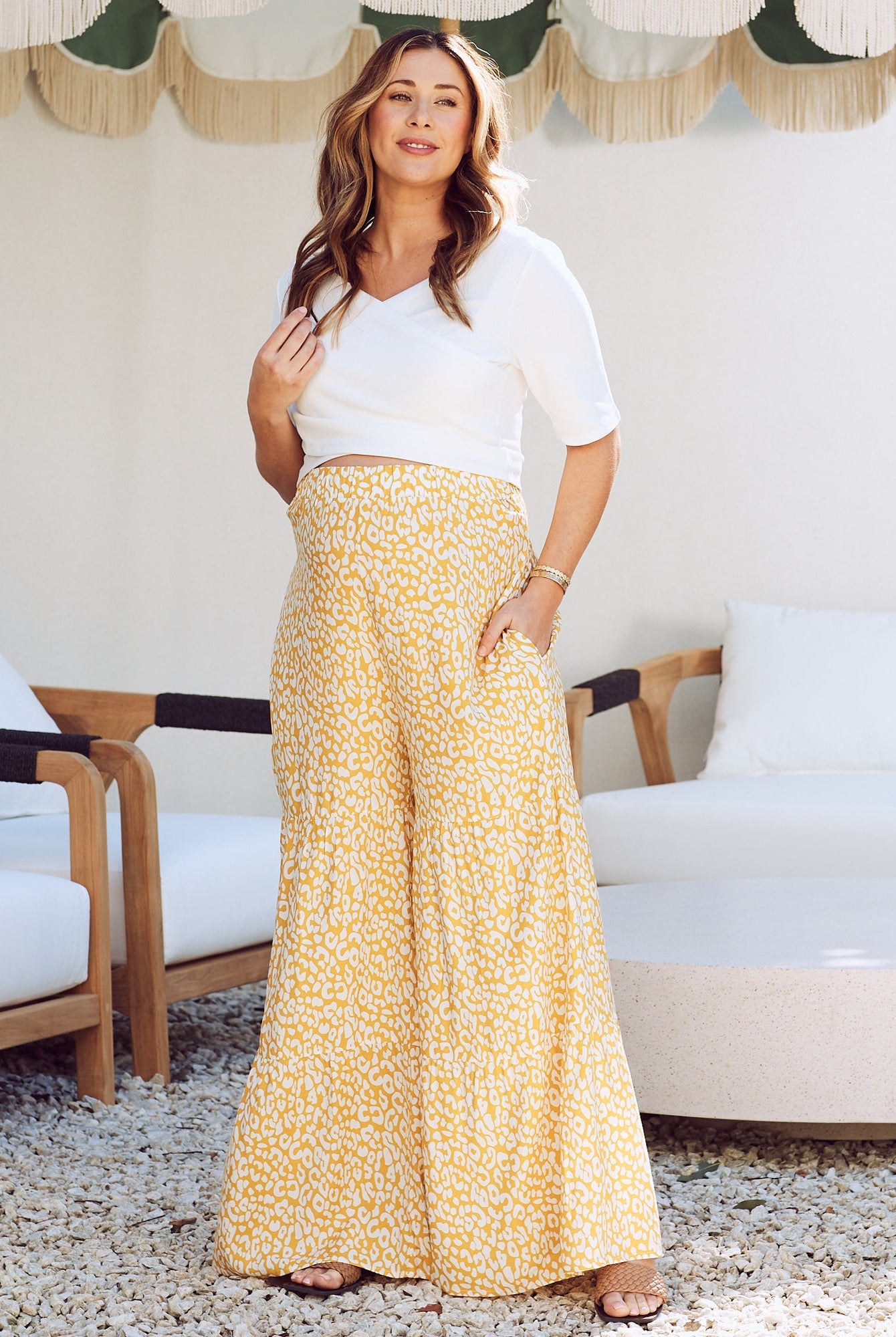 maternity wide leg pants in mustard print