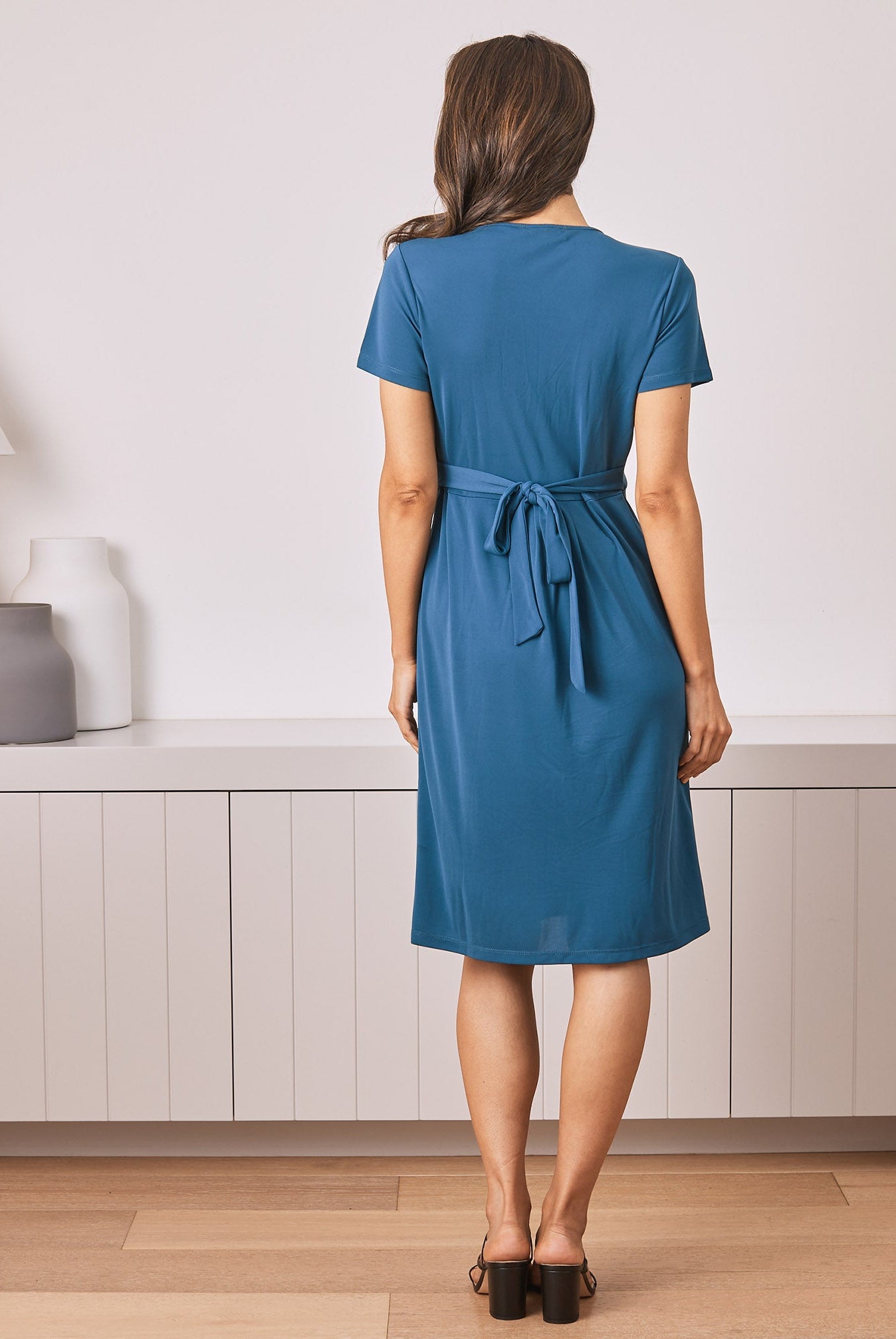 Maternity Crossover Neckline Tie Back Jersey Work Dress - Teal - Angel Maternity USA