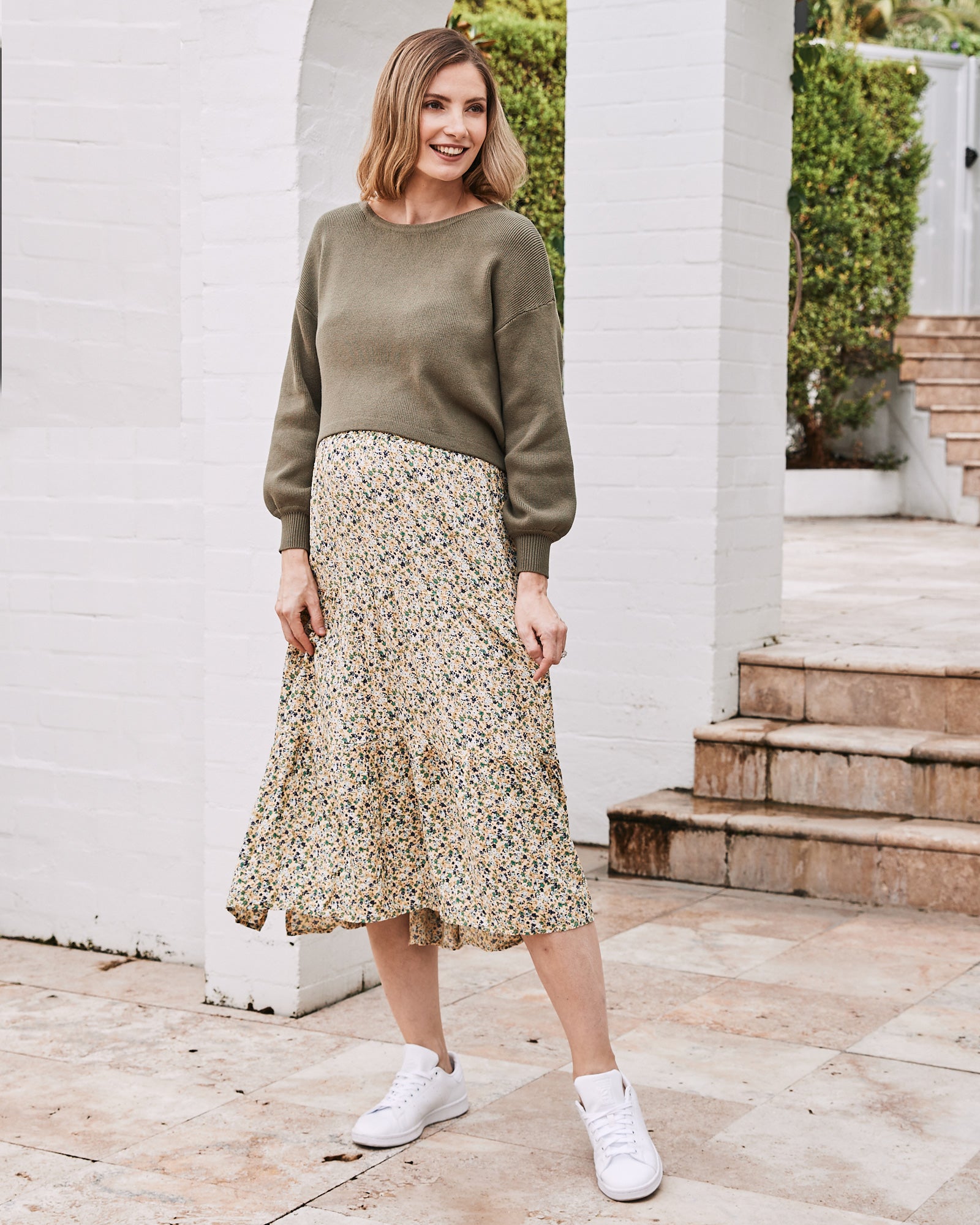 Ellie Maternity 2-in-1 Shirred Maxi Skirt in Green Flora - Angel Maternity USA