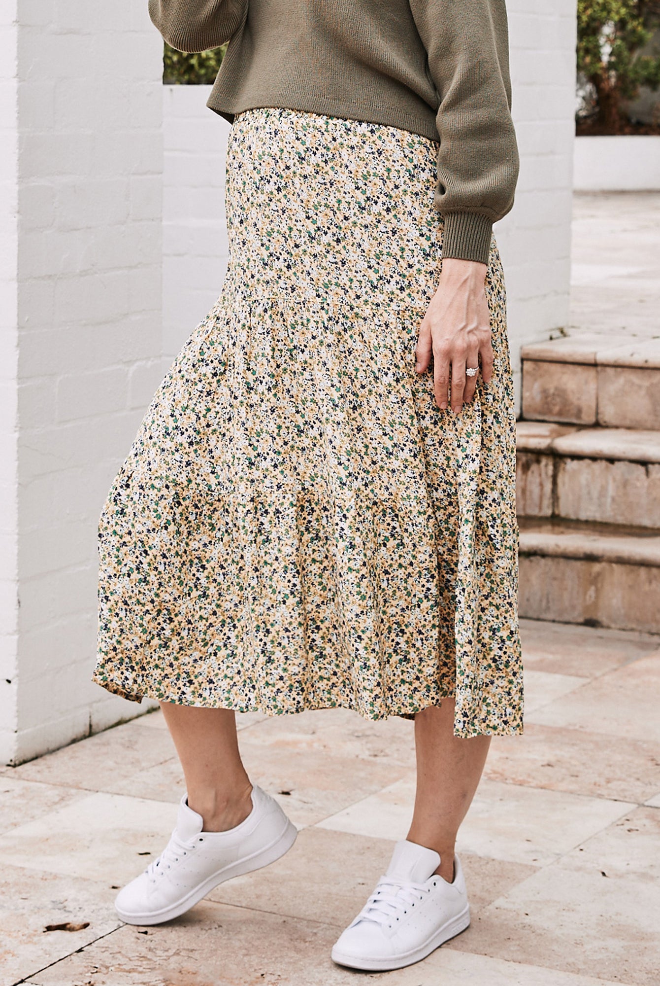 Ellie Maternity 2-in-1 Shirred Maxi Skirt in Green Flora - Angel Maternity USA