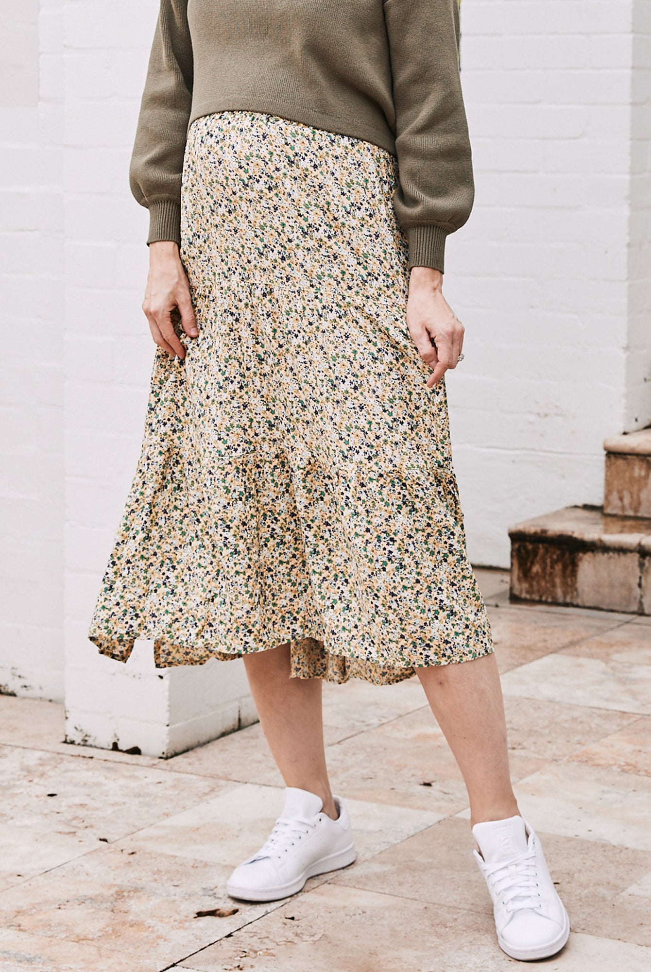 Ellie Maternity 2-in-1 Shirred Maxi Skirt in Green Flora - Angel Maternity USA