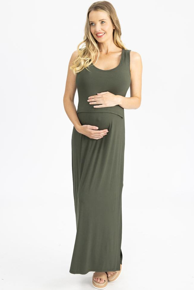 Maternity and Nursing Maxi Dress in Khaki front (4801470824542)