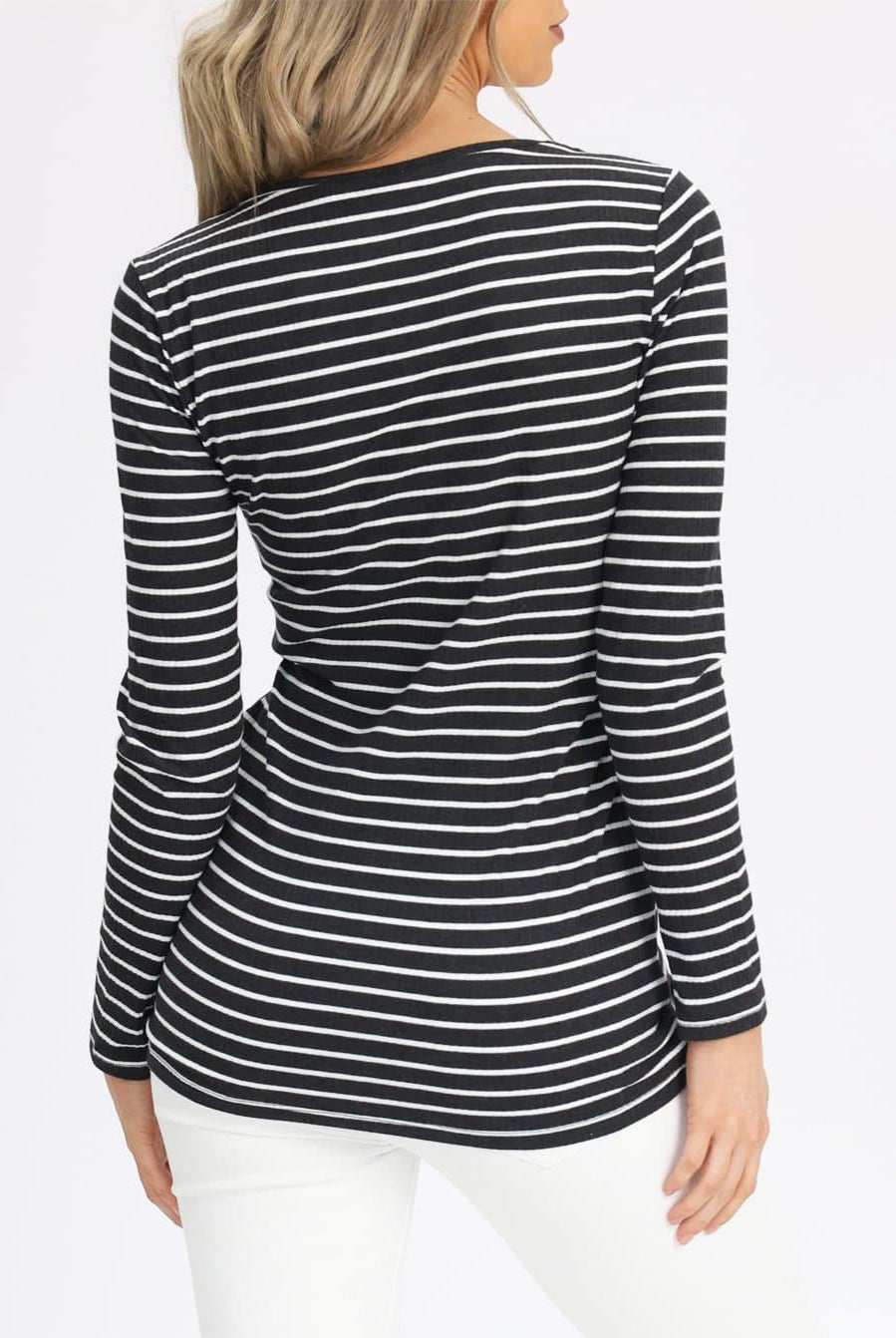 Back view - Maternity & Nursing Long Sleeve Top in Black/Grey Stripe (6621382115422)