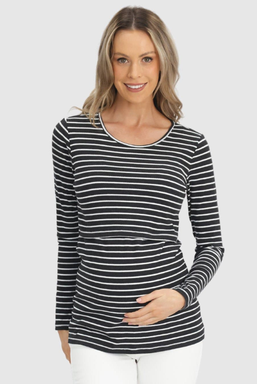 Front view - Maternity & Nursing Long Sleeve Top in Black/Grey Stripe (6621382115422)