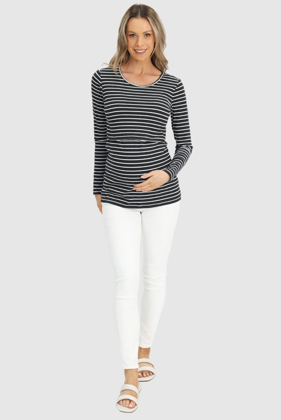 Full view - Maternity & Nursing Long Sleeve Top in Black/Grey Stripe (6621382115422)