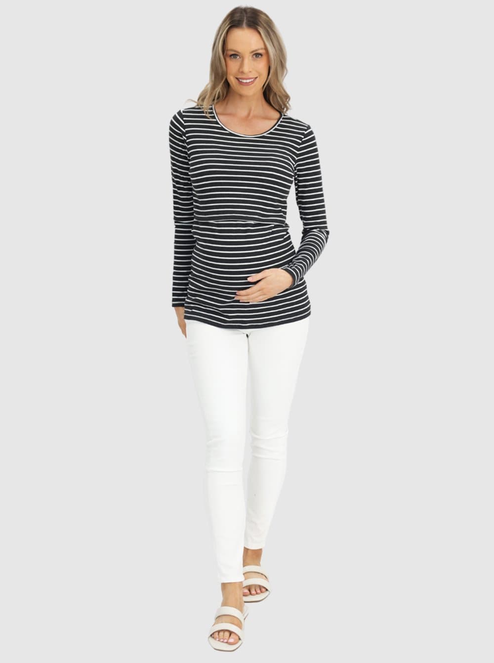 Full view - Maternity & Nursing Long Sleeve Top in Black/Grey Stripe (6621382115422)