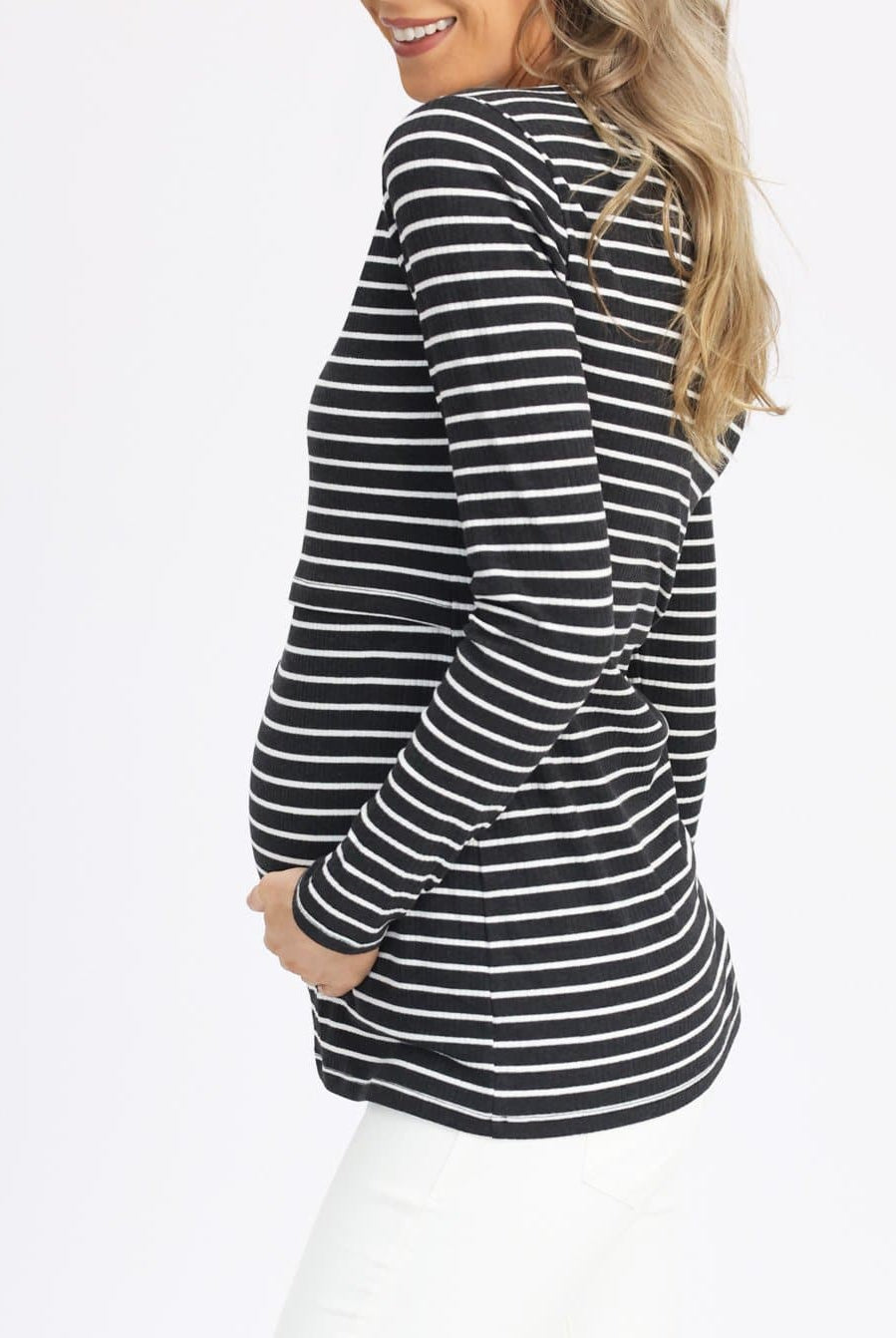 Side view - Maternity & Nursing Long Sleeve Top in Black/Grey Stripe (6621382115422)