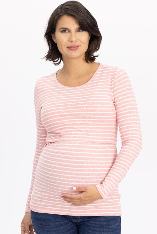 Main view - A pregnant woman in long sleeve pink maternity & nursing Cotton t-shirt smiling (6724307845214)