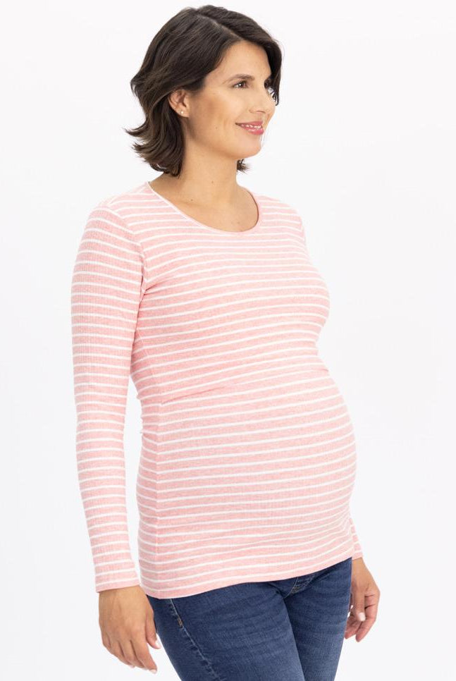 Side view - A pregnant woman in long sleeve pink maternity & nursing Cotton t-shirt smiling (6724307845214)