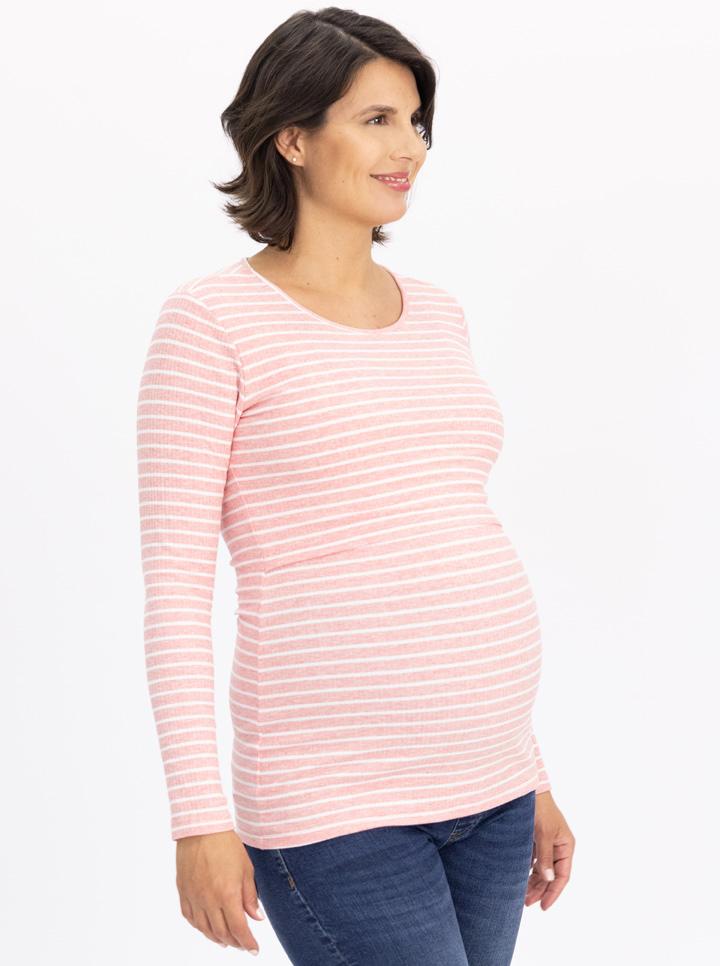 Side view - A pregnant woman in long sleeve pink maternity & nursing Cotton t-shirt smiling (6724307845214)