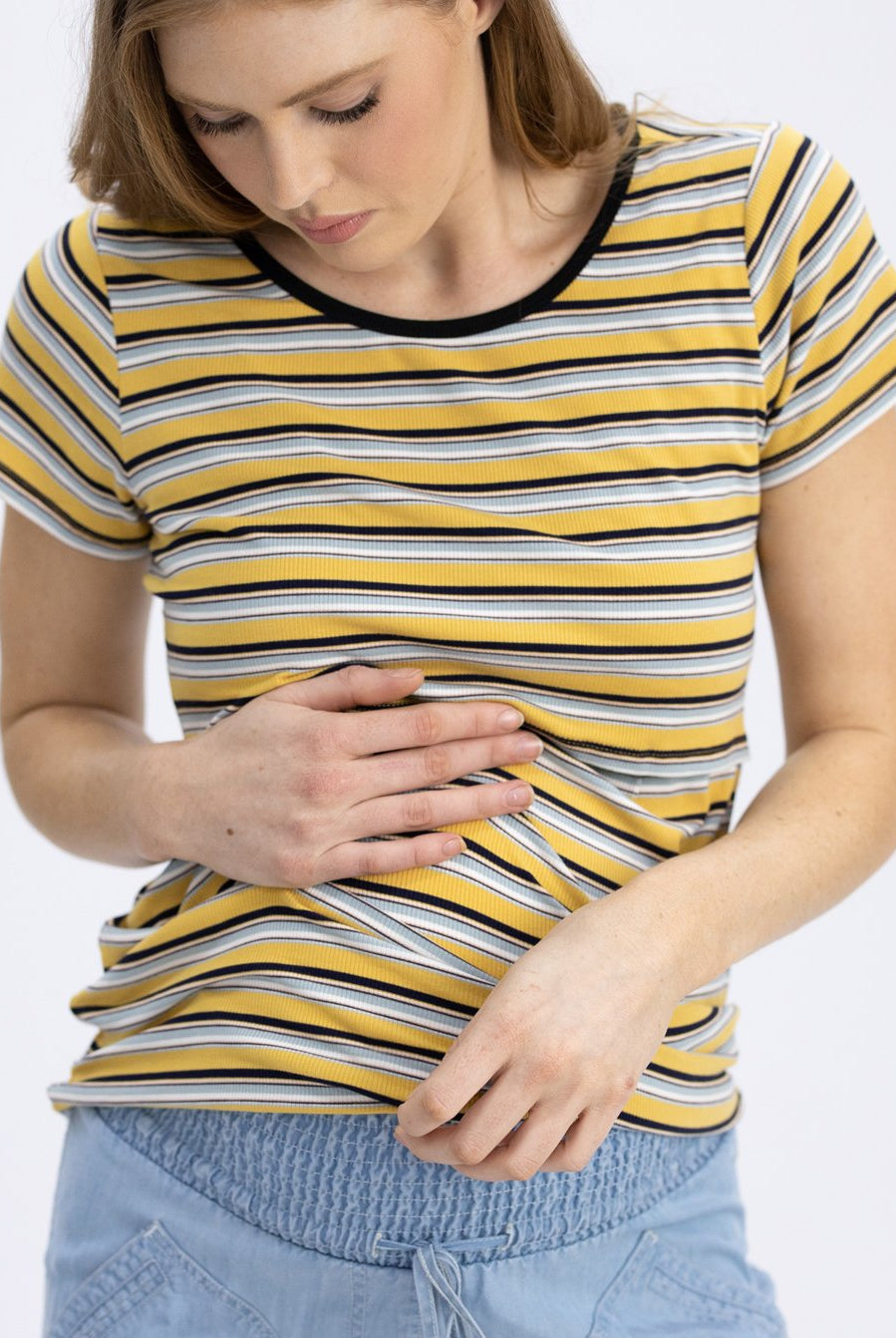 Maternity and Nursing Retro Stretchy Tee - Yellow Stripes front (4801469939806)