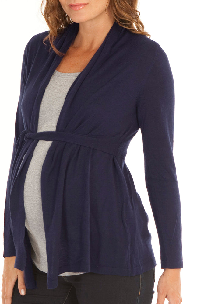 Maternity Roll Collar Knitted Waist Tie Cardigan - French Navy - Angel Maternity USA (1637798707294)