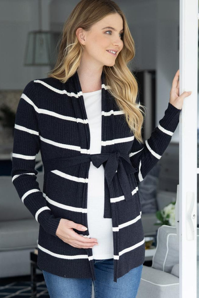 Maternity Cardigan in Black and White Stripes front (6548761542759)