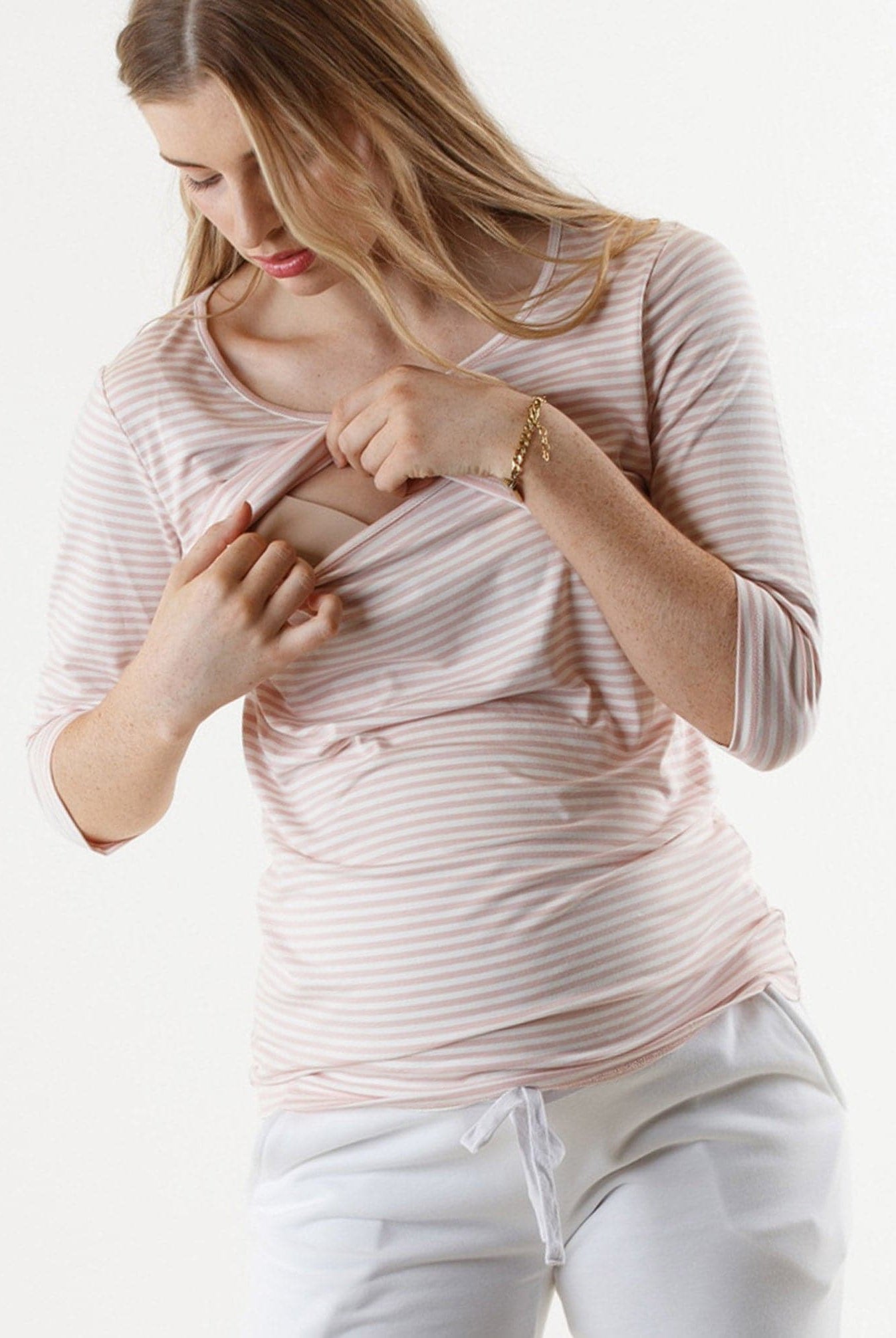 Mara Maternity Stripe Nursing Top - Pink & White - Angel Maternity USA