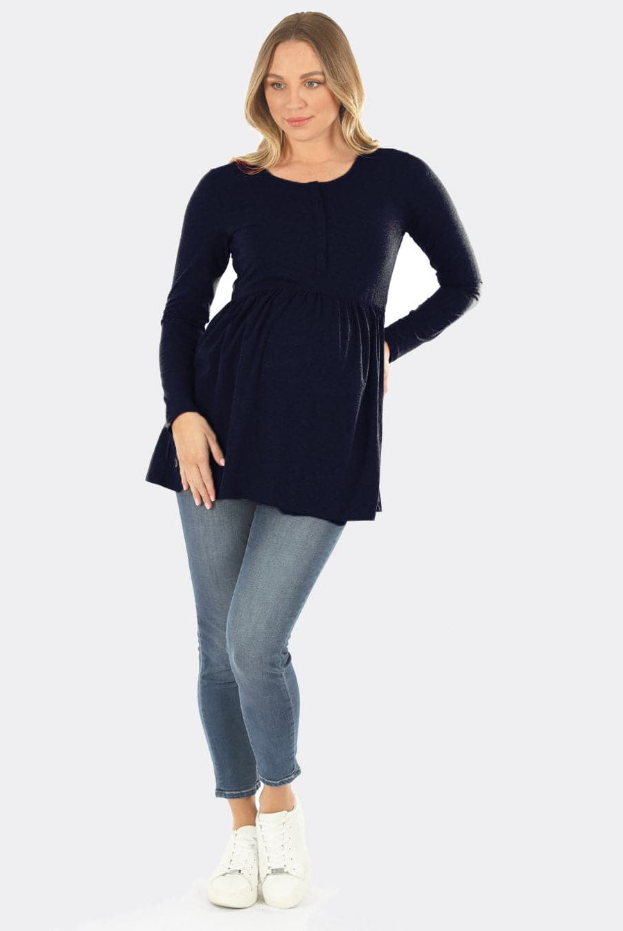 Maternity & Nursing Long Sleeve Baby Doll Tee In Navy (6655075975271)