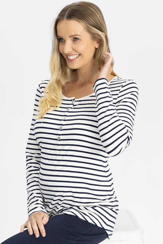 Maternity and Nursing Long Sleeve Top in Navy and White stripes - Angel Maternity USA (4791712251998)